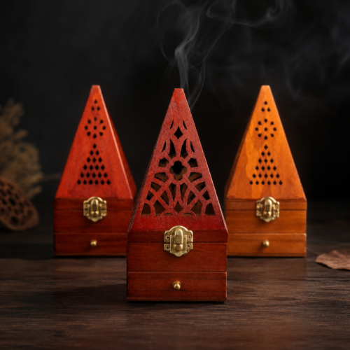 Pyramid Pine Wood Incense Burner, Vintage Hollow Aroma Holder Box, Decorative Desktop Zen Ornament